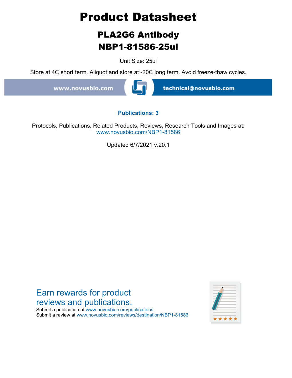 Product Datasheet PLA2G6 Antibody NBP1-81586-25Ul