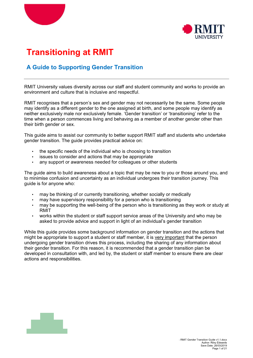 RMIT Gender Transition Guide V1.1.Docx Author: Riley Edwards Save Date: 26/03/2019 Page 1 of 21