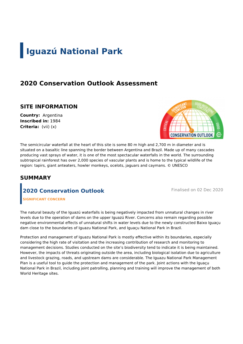 2020 Conservation Outlook Assessment