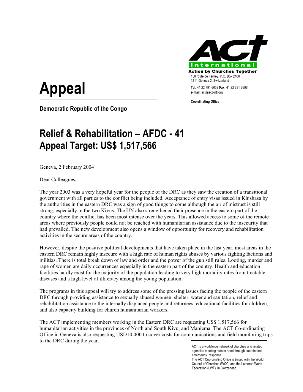 Appeal E-Mail: Act@Act-Intl.Org