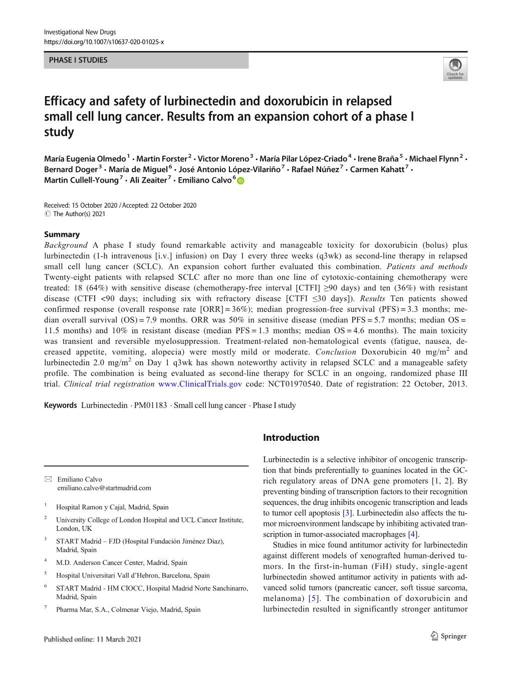 Efficacy and Safety of Lurbinectedin and Doxorubicin in Relapsed Small Cell Lung Cancer