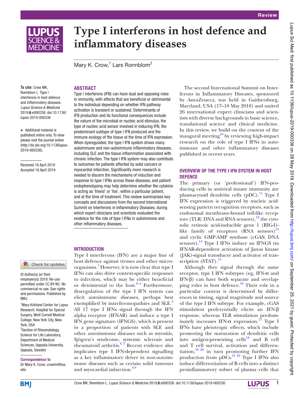 Type I Interferons in Host Defence and Inflammatory Diseases