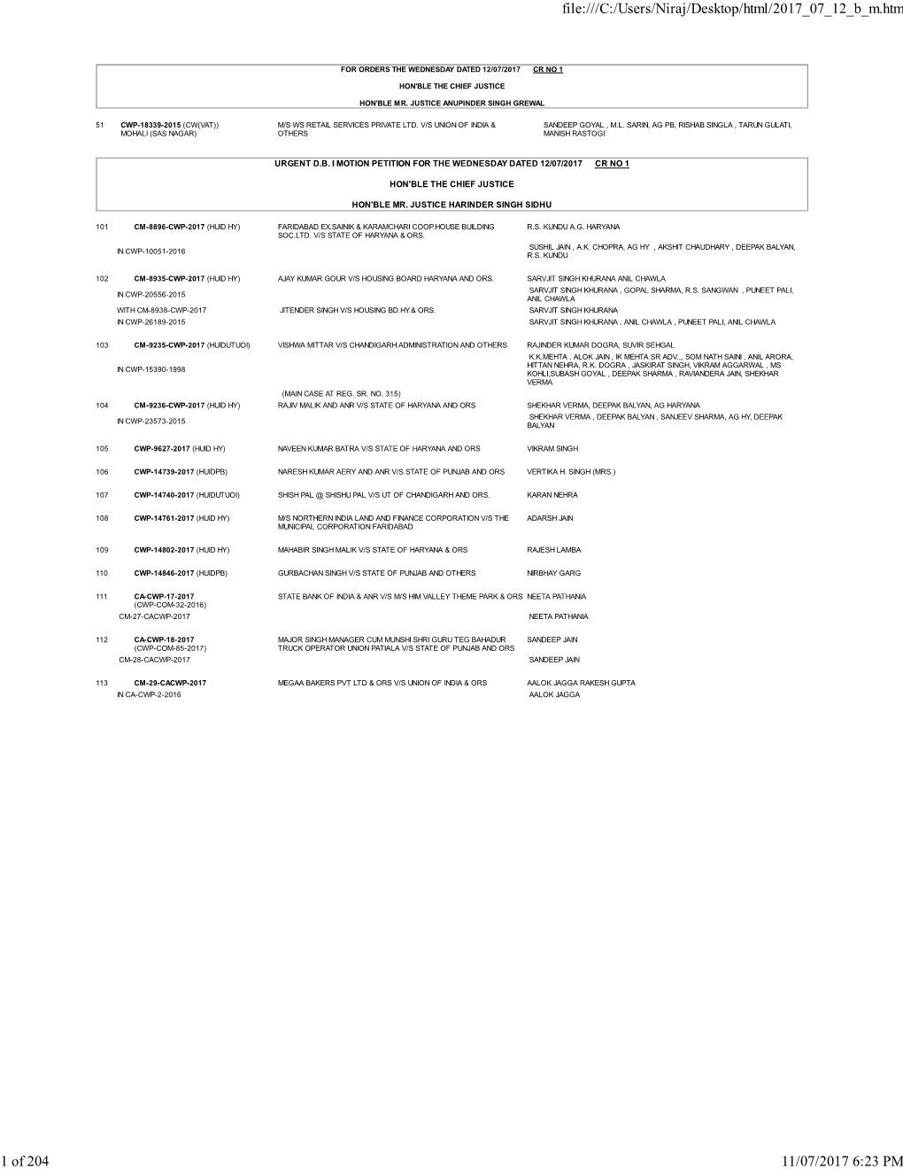 Urgent D.B. I Motion Petition for the Wednesday Dated 12/07/2017 Cr No 1