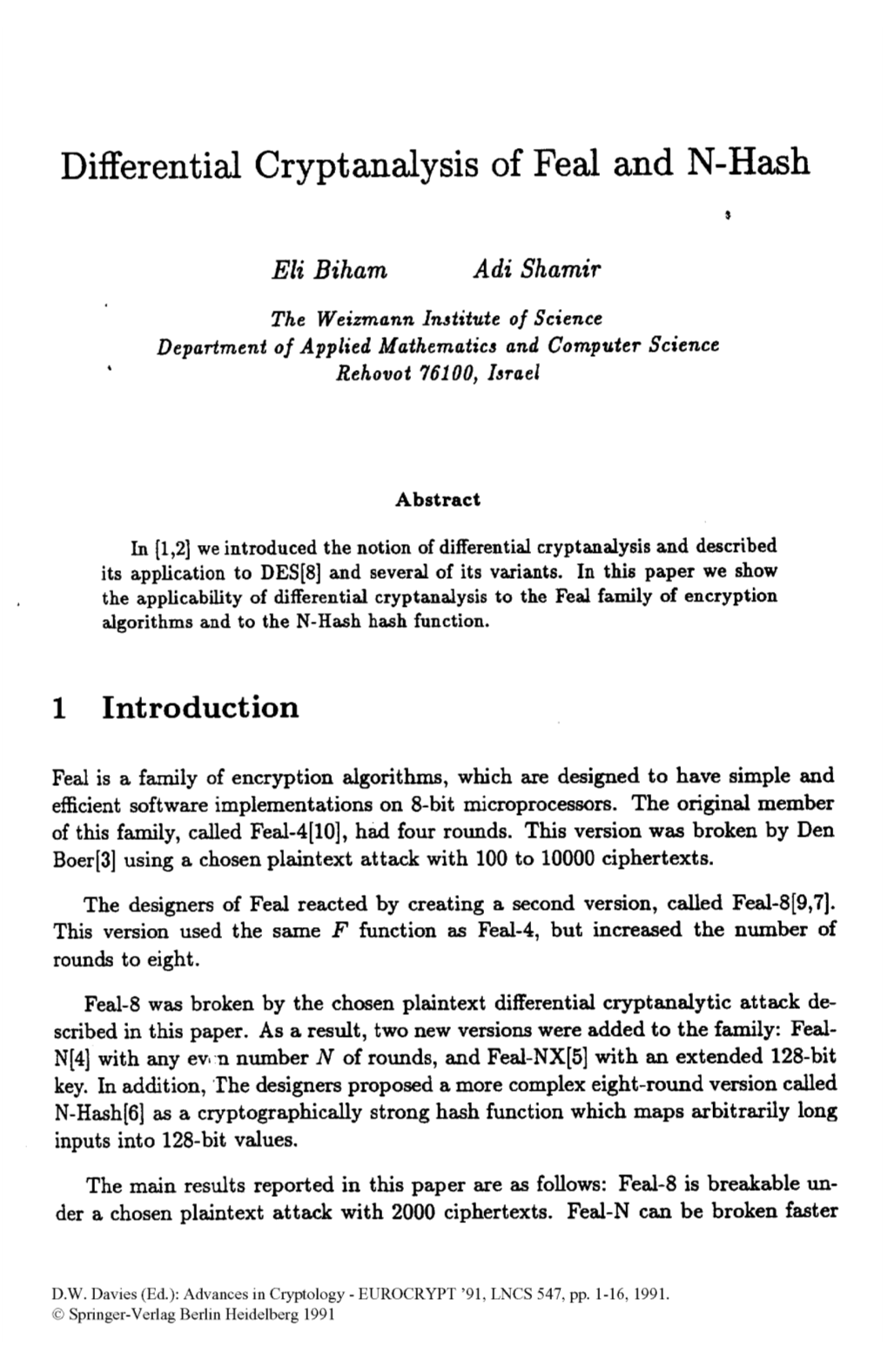 Differential Cryptanalysis of Feal and N-Hash