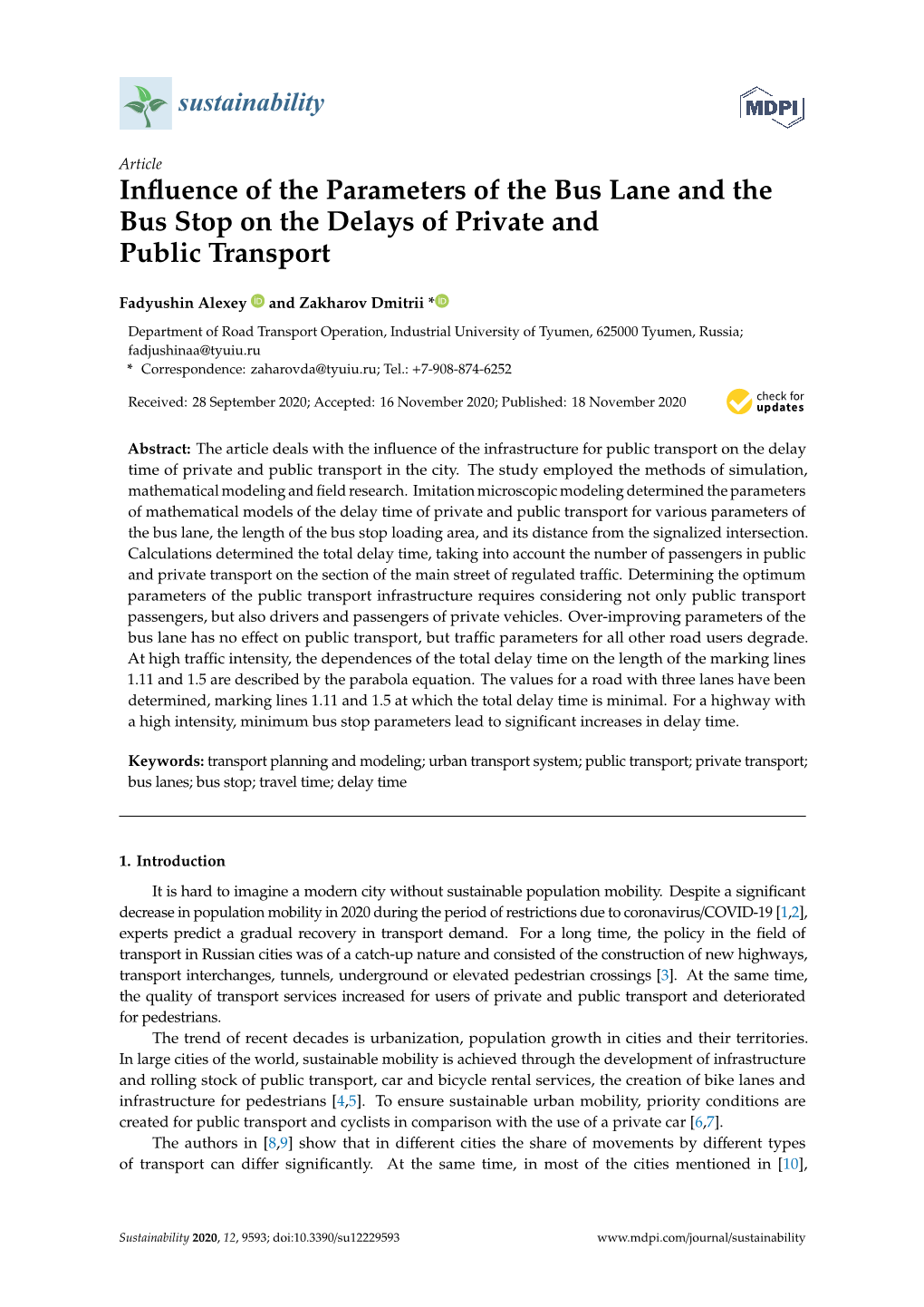 Influence of the Parameters of the Bus Lane and the Bus Stop on The