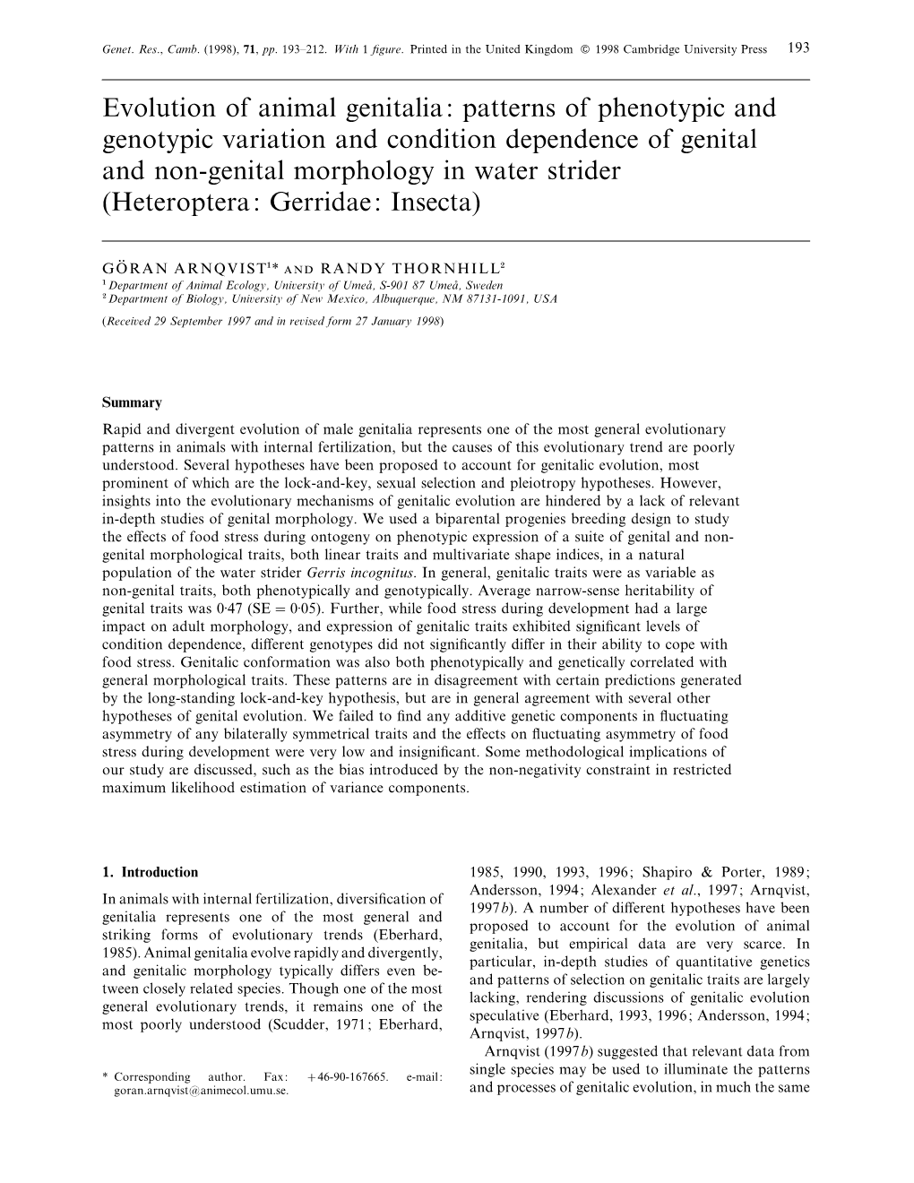 Evolution of Animal Genitalia: Patterns of Phenotypic and Genotypic