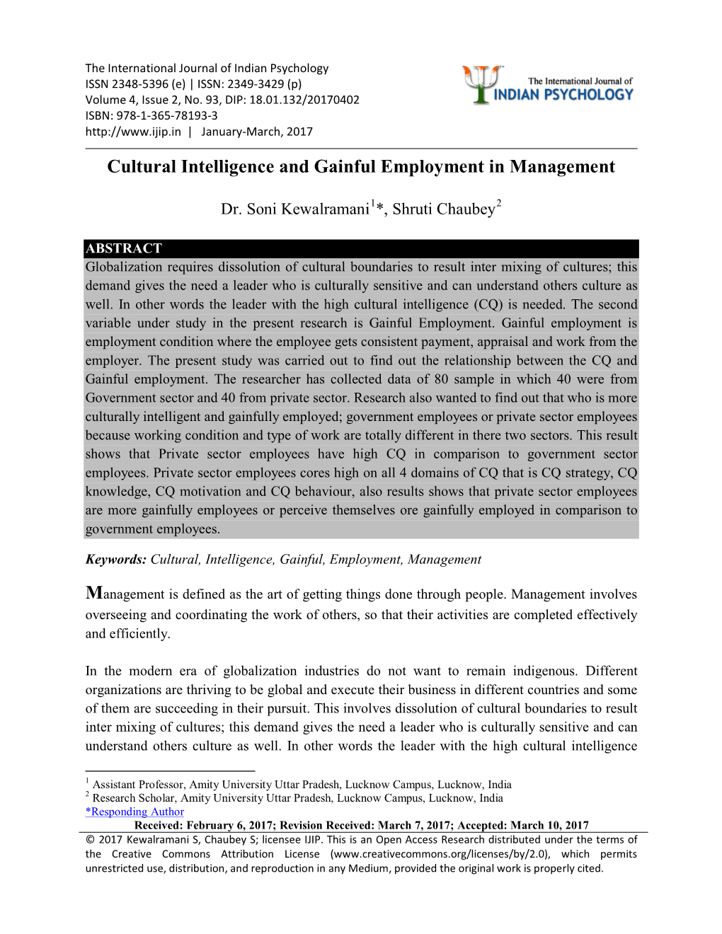 Cultural Intelligence and Gainful Employment in Management
