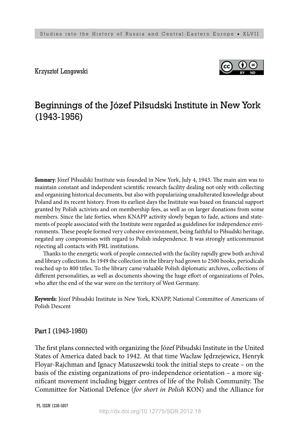 Beginnings of the Józef Piłsudski Institute in New York (1943-1956)