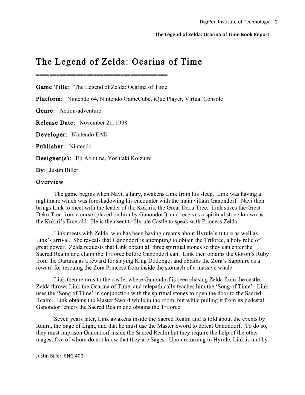 The Legend of Zelda: Ocarina of Time Book Report