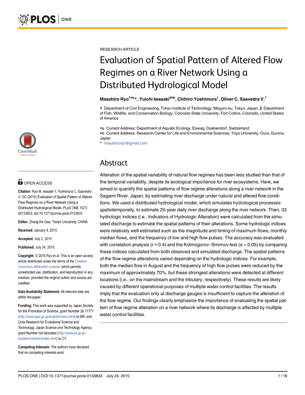 OC (2015) Evaluation of Spatial Pattern of Altered Flow Regimes On