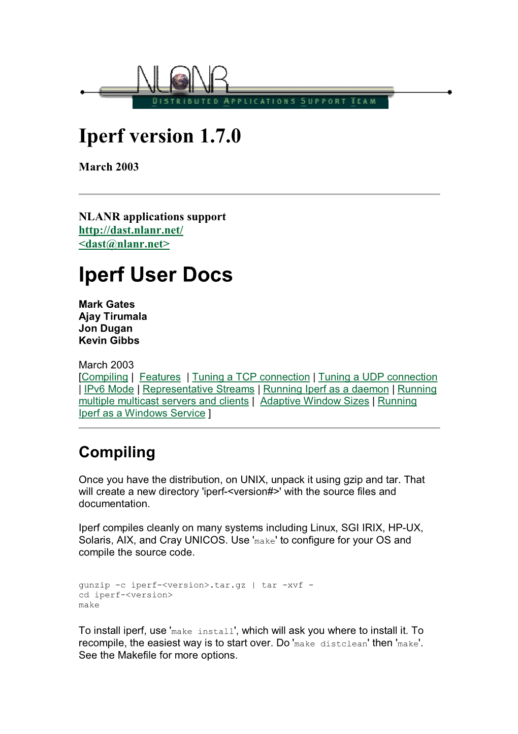 Iperf Version 1.7.0 Iperf User Docs