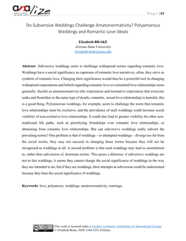 Do Subversive Weddings Challenge Amatonormativity? Polyamorous Weddings and Romantic Love Ideals