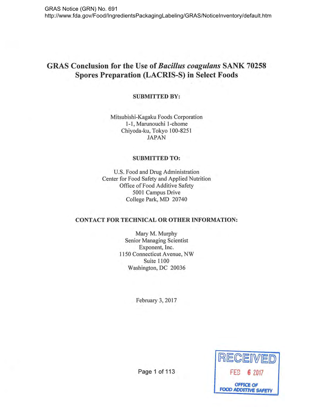 GRAS Notice 691, Bacillus Coagulans SANK 70258 Spore Preparation