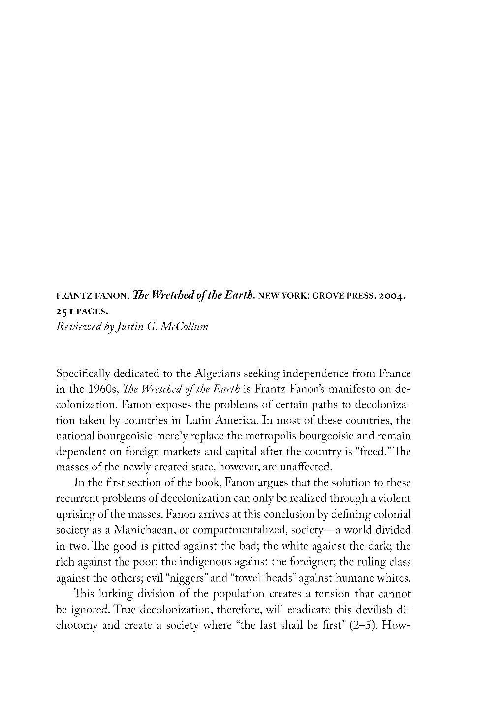 Review of the Wretched of the Earth by Frantz Fanon