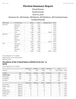 Election Summary Report Closed Primary Fayette County June 02, 2020 Summary For: All Contests, All Districts, All Tabulators, All Counting Groups Unofficial Results