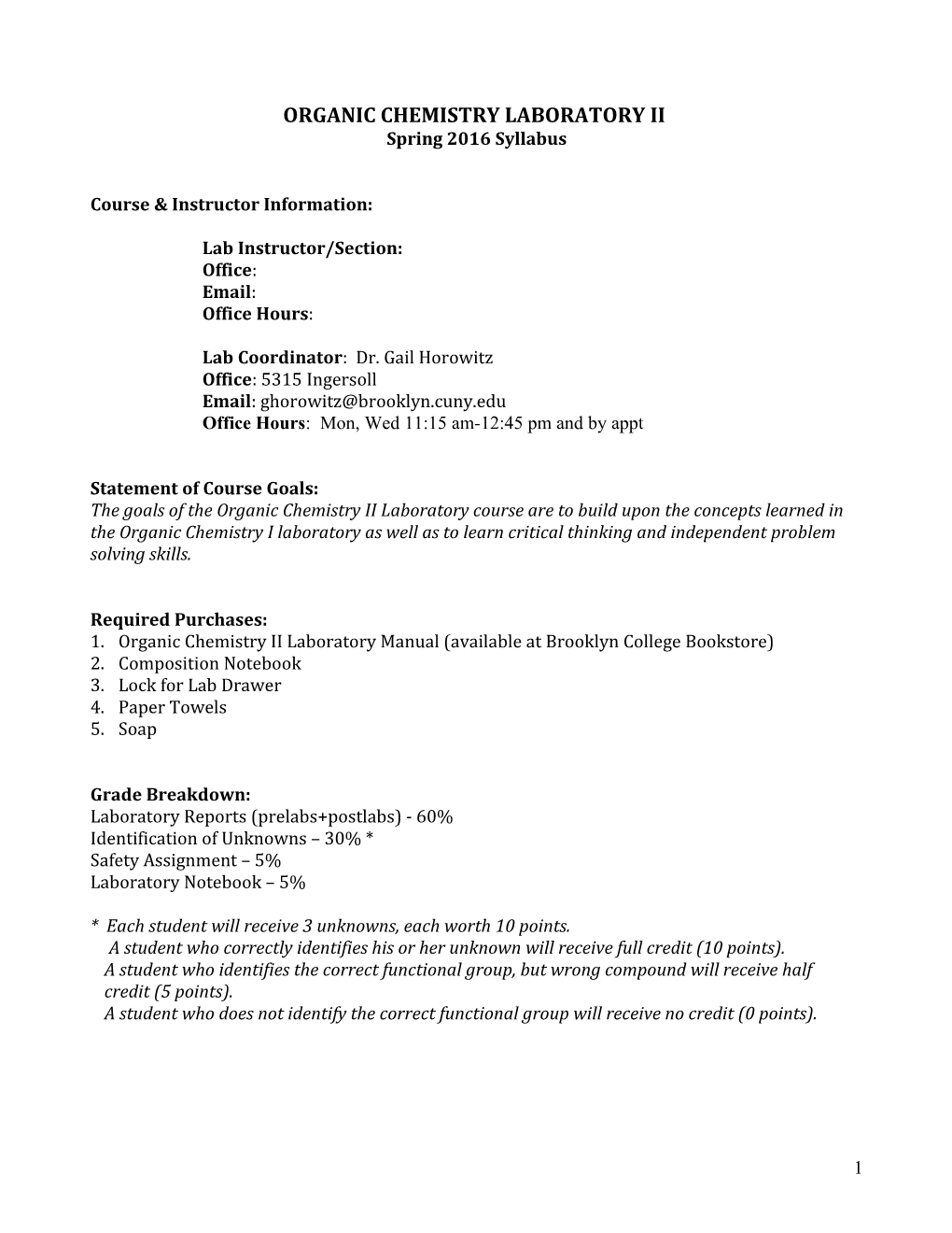 Schedule of Laboratory Experiments