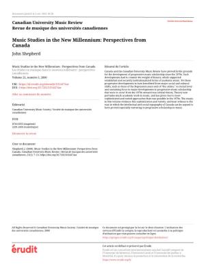 Music Studies in the New Millennium: Perspectives from Canada John Shepherd
