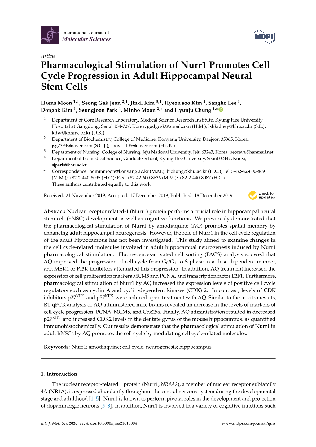 Pharmacological Stimulation of Nurr1 Promotes Cell Cycle Progression in Adult Hippocampal Neural Stem Cells