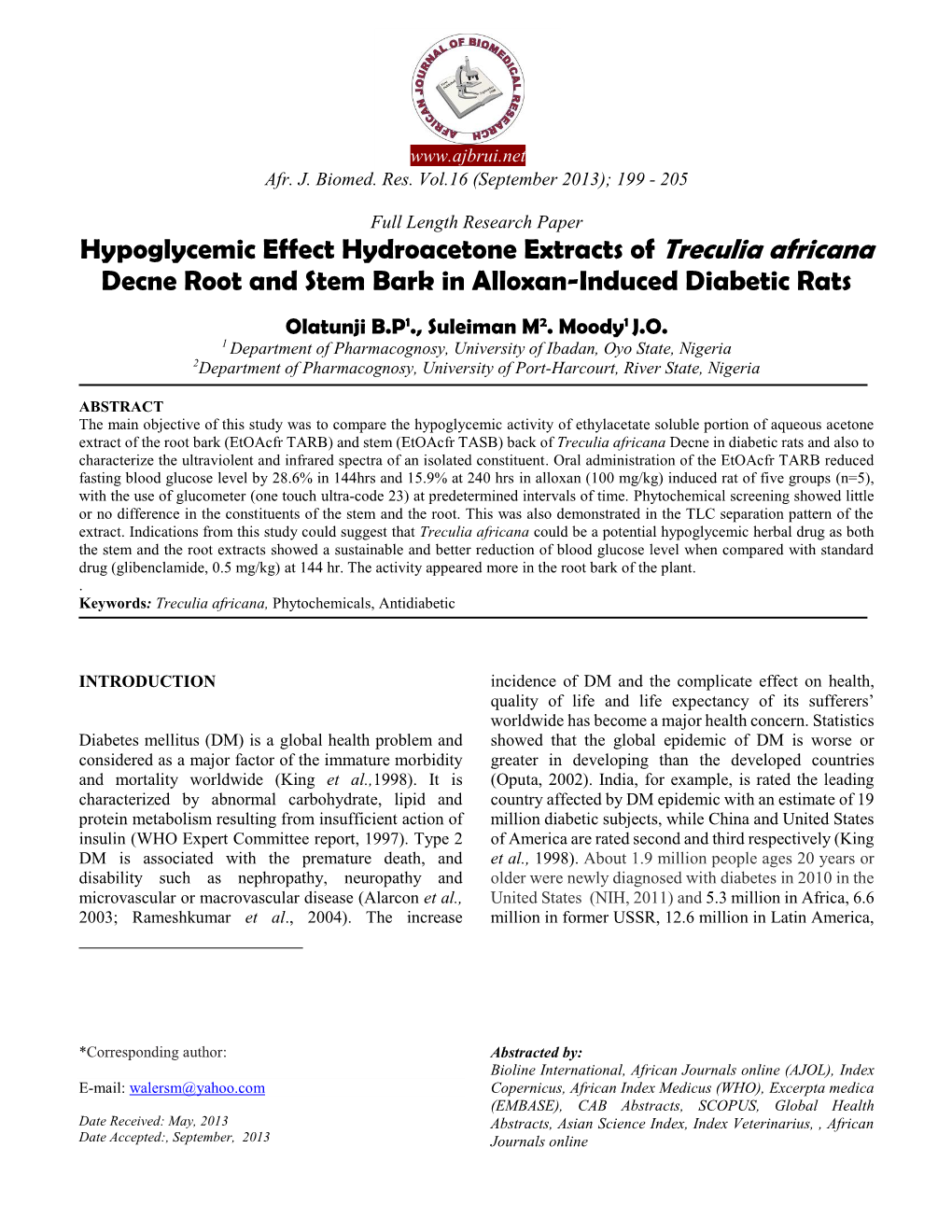 Hypoglycemic Effect Hydroacetone Extracts of Treculia Africana Decne Root and Stem Bark in Alloxan-Induced Diabetic Rats