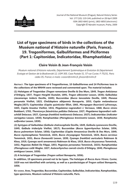 List of Type Specimens of Birds in the Collections of the Muséum National D’Histoire Naturelle (Paris, France)