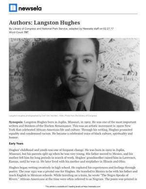 Authors: Langston Hughes by Library of Congress and National Park Service, Adapted by Newsela Staff on 02.27.17 Word Count 787