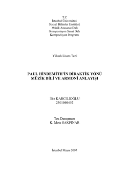 Paul Hindemith'in Didaktik Yönü Müzik Dili Ve Armoni Anlayışı