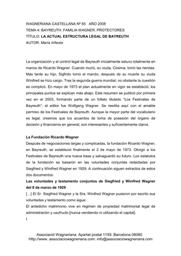 LA ACTUAL ESTRUCTURA LEGAL DE BAYREUTH AUTOR: María Infiesta