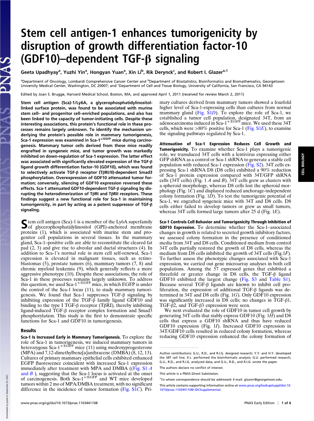 Stem Cell Antigen-1 Enhances Tumorigenicity by Disruption of Growth Differentiation Factor-10 (GDF10)–Dependent TGF-Β Signaling
