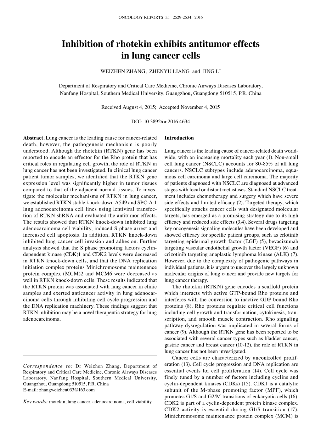 Inhibition of Rhotekin Exhibits Antitumor Effects in Lung Cancer Cells