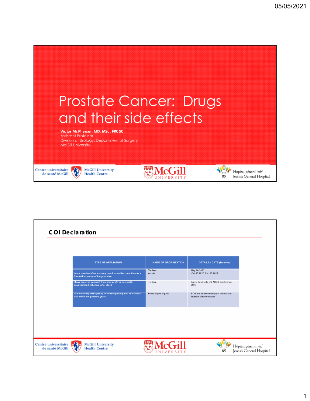 Prostate Cancer: Drugs and Their Side Effects Victor Mcpherson MD, Msc, FRCSC Assistant Professor Division of Urology, Department of Surgery Mcgill University