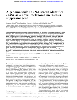 A Genome-Wide Shrna Screen Identifies GAS1 As a Novel Melanoma Metastasis Suppressor Gene
