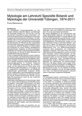 Mykologie Am Lehrstuhl Spezielle Botanik Und Mykologie Der Universität Tübingen, 1974-2011