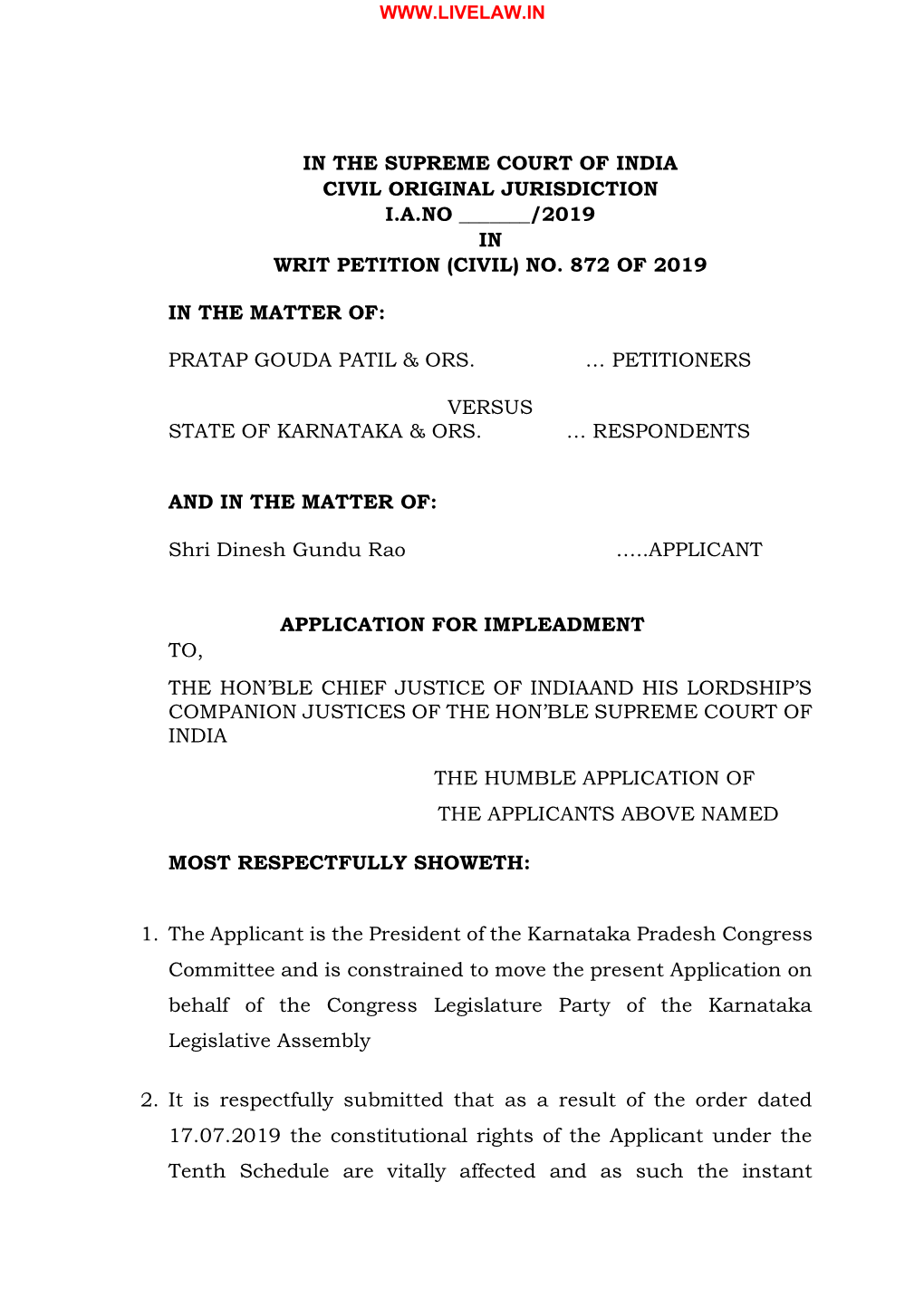 In the Supreme Court of India Civil Original Jurisdiction I.A.No ______/2019 in Writ Petition (Civil) No