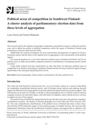 Political Areas of Competition in Southwest Finland: a Cluster Analysis of Parliamentary Election Data from Three Levels of Aggregation