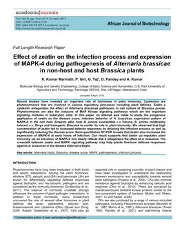 Effect of Zeatin on the Infection Process and Expression of MAPK-4 During Pathogenesis of Alternaria Brassicae in Non-Host and Host Brassica Plants
