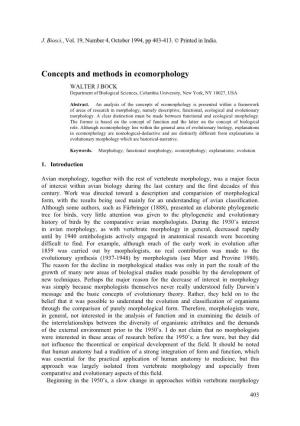 Concepts and Methods in Ecomorphology WALTER J BOCK Department of Biological Sciences, Columbia University, New York, NY 10027, USA