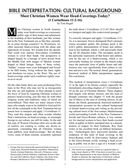 BIBLE INTERPRETATION: CULTURAL BACKGROUND Must Christian Women Wear Head-Coverings Today? (1 Corinthians 11:2-16) by Tom Stegall