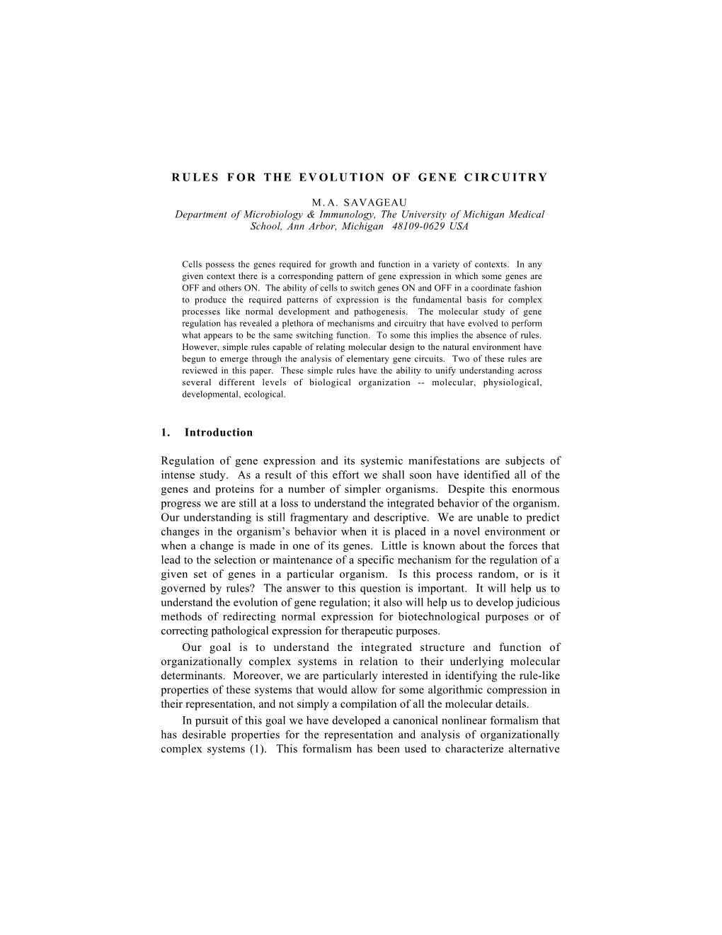 RULES for the EVOLUTION of GENE CIRCUITRY 1. Introduction