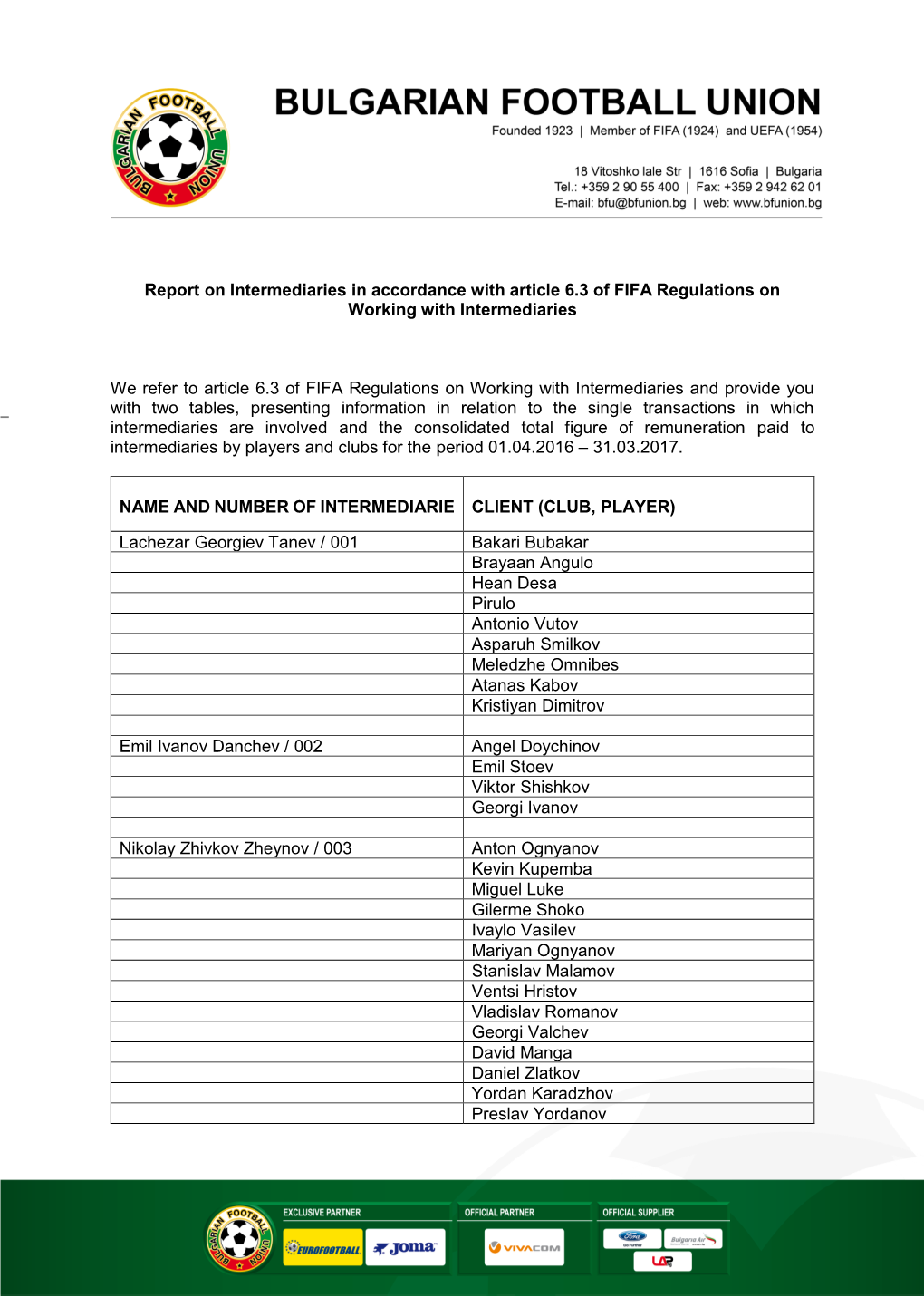 Report on Intermediaries in Accordance with Article 6.3 of FIFA Regulations on Working with Intermediaries