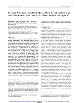 Cysteine Proteinase Inhibitors Stefin A, Stefin B, and Cystatin C in Sera from Patients with Colorectal Cancer: Relation to Prognosis1