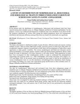 A Study on Distribution of Morphological, Behavioral and Serological Traits in Three Endogamous Groups of Scheduled Castes in Jammu and Kashmir