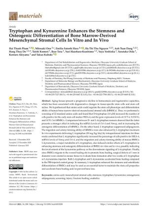 Tryptophan and Kynurenine Enhances the Stemness and Osteogenic Differentiation of Bone Marrow-Derived Mesenchymal Stromal Cells in Vitro and in Vivo