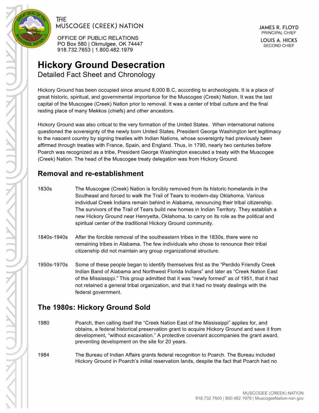 Hickory Ground Desecration Detailed Fact Sheet and Chronology