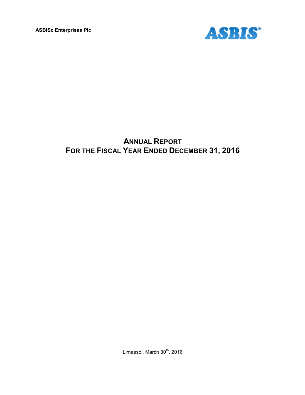 Annual Report for the Fiscal Year Ended December 31, 2016