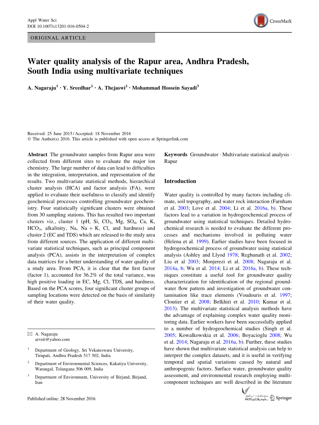 Water Quality Analysis of the Rapur Area, Andhra Pradesh, South India Using Multivariate Techniques