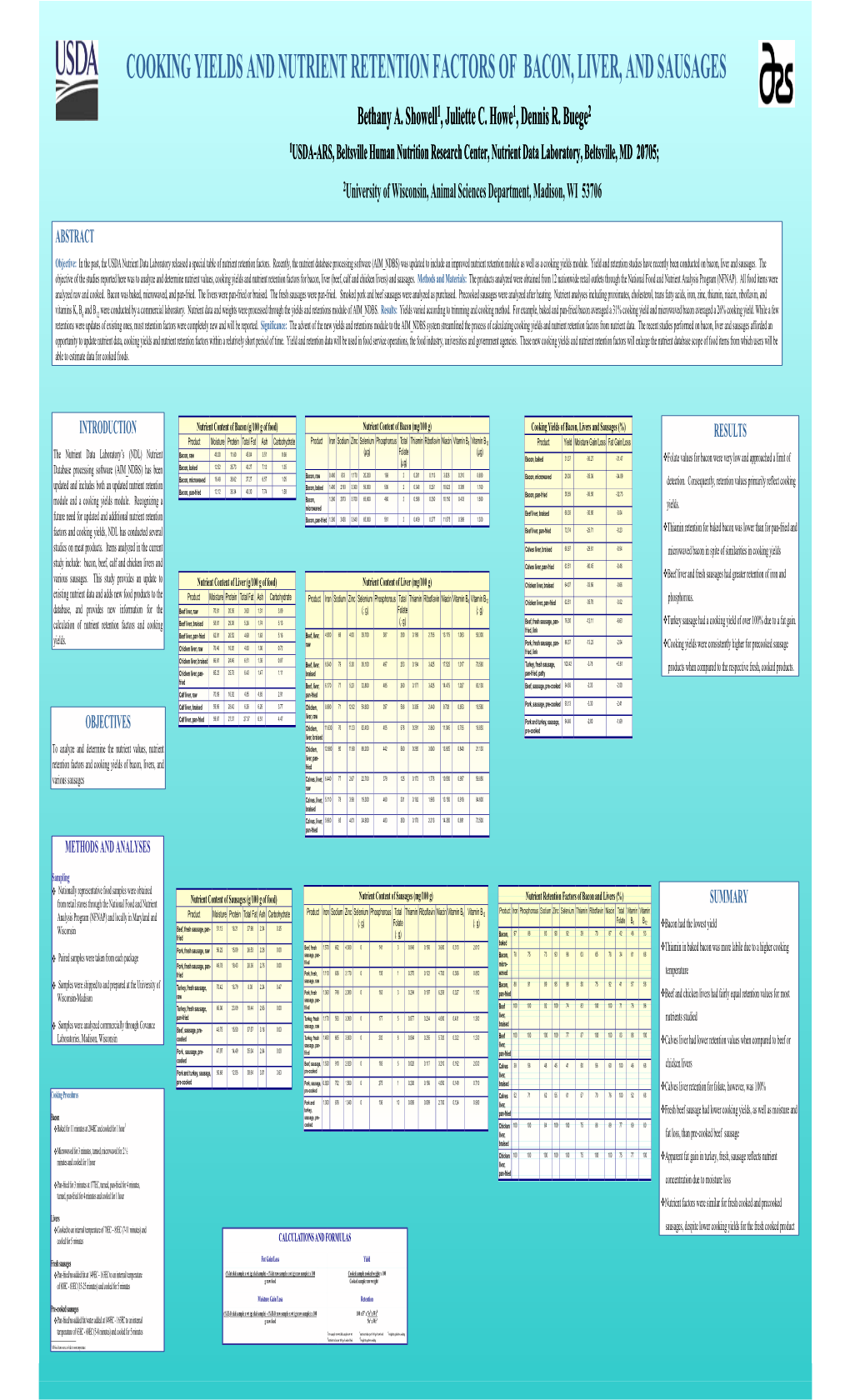 COOKING YIELDS and NUTRIENT RETENTION FACTORS of BACON, LIVER, and SAUSAGES Bethany A