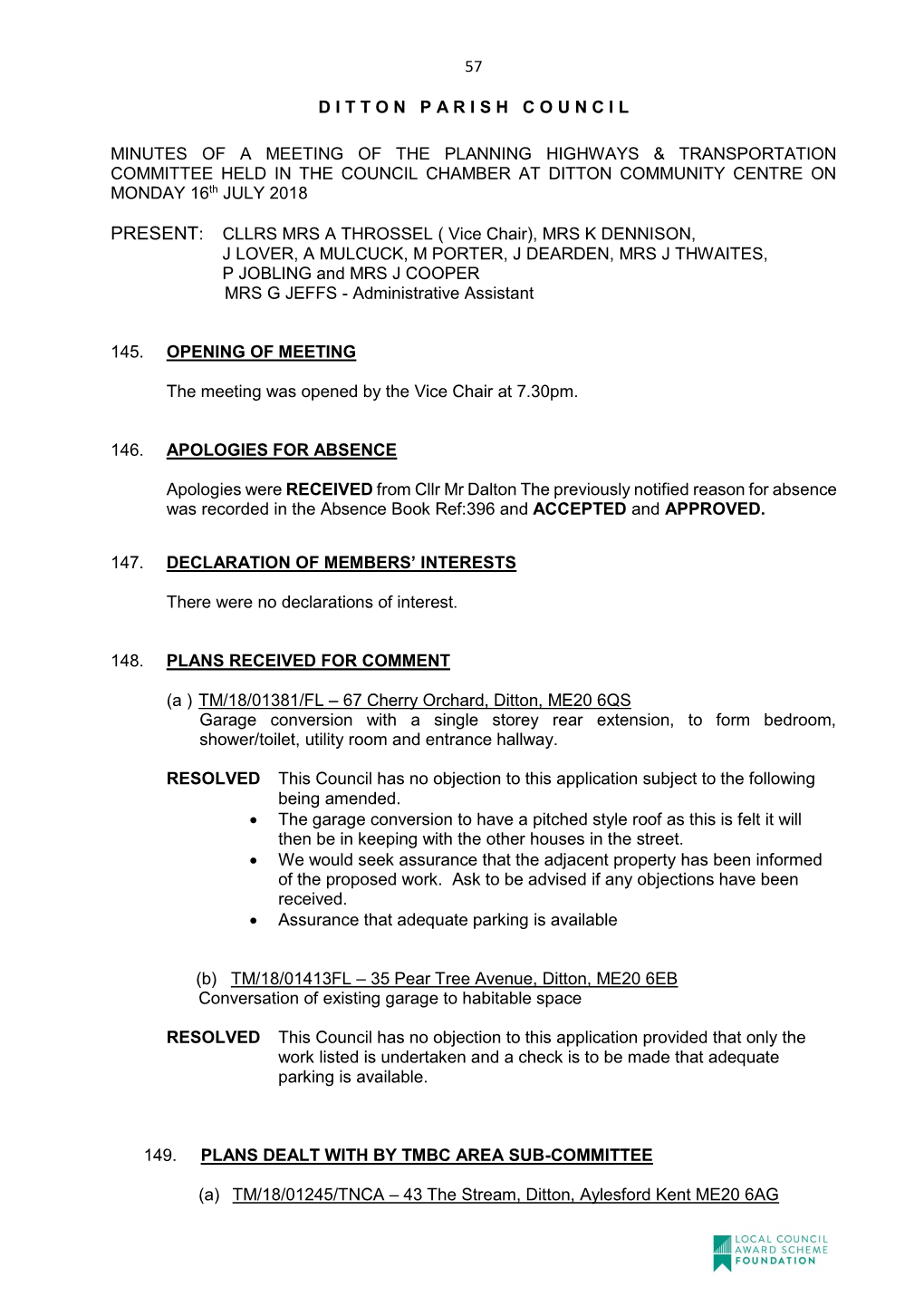 57 D I T T O N P a R I S H C O U N C I L Minutes of a Meeting of the Planning Highways & Transportation Committee Held I