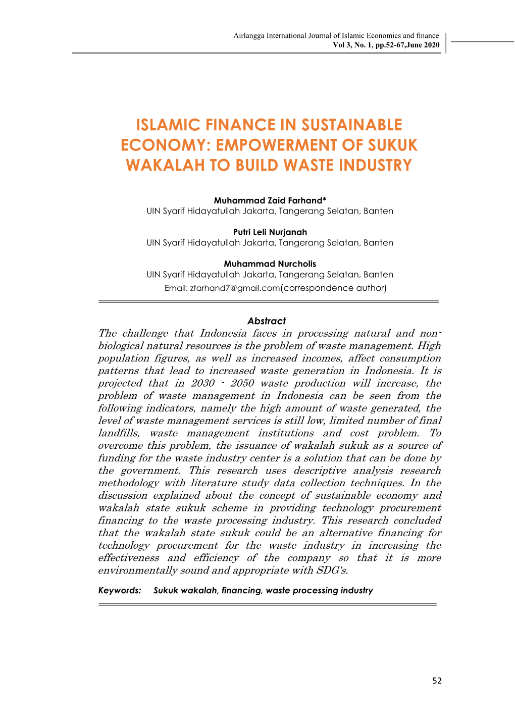 Islamic Finance in Sustainable Economy: Empowerment of Sukuk Wakalah to Build Waste Industry