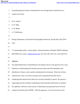 1 Expanding Dispersal Studies at Hydrothermal Vents Through Species Identification Of