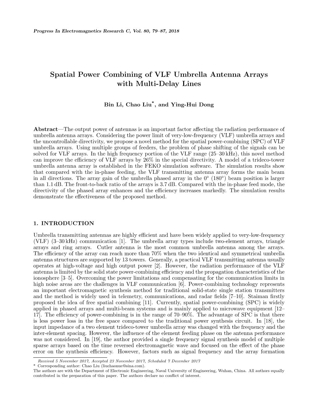 Spatial Power Combining of VLF Umbrella Antenna Arrays with Multi-Delay Lines